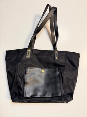 Calvin Klein Nylon Tote with zipper closure, black, faux leather detail 16x11